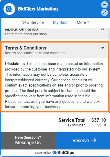 Terms and Conditions shown in the widget
